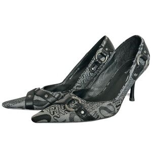 Y2K “Spring” Grey Monogram Print Pointed Toe Heels with Buckle Detailing